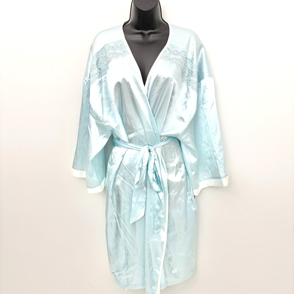 Morgan Taylor Intimates Robe Satin Lace Trim Short Kimono XXL Light Blue